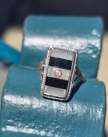 14k white gold c.20s filigree Deco diamond black onyx & quartz ring
