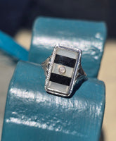 14k white gold c.20s filigree Deco diamond black onyx & quartz ring
