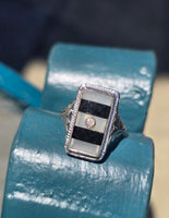14k white gold c.20s filigree Deco diamond black onyx & quartz ring