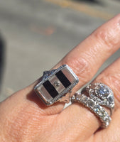 14k white gold c.20s filigree Deco diamond black onyx & quartz ring