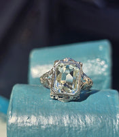 14k white gold c.1920's filigree aquamarine and diamond ring SMCO