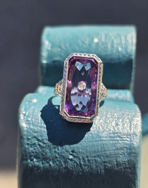 14k white gold filigree amethyst and diamond c.1920's antique ring