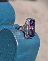 14k white gold filigree amethyst and diamond c.1920's antique ring