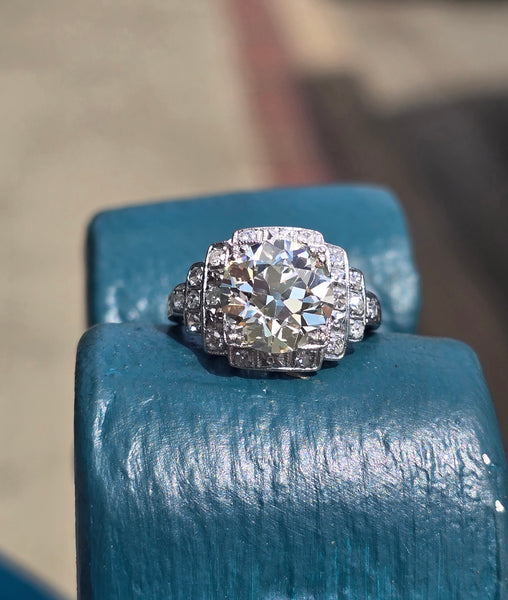 Platinum Art Deco c.1920's 3.63ct European cut diamond filigree antique engagement wedding ring