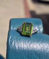 10k gold two tone emerald cut peridot and diamond estate ring