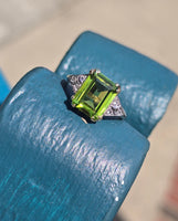 10k gold two tone emerald cut peridot and diamond estate ring