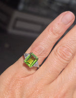 10k gold two tone emerald cut peridot and diamond estate ring
