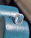 18ct white gold aquamarine and diamond estate antique halo ring