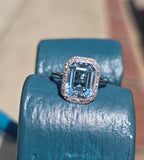 18ct white gold aquamarine and diamond estate antique halo ring