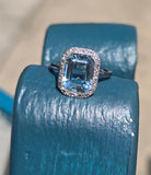 18ct white gold aquamarine and diamond estate antique halo ring