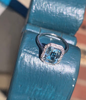 18ct white gold aquamarine and diamond estate antique halo ring