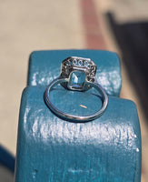 18ct white gold aquamarine and diamond estate antique halo ring