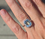 18ct white gold aquamarine and diamond estate antique halo ring