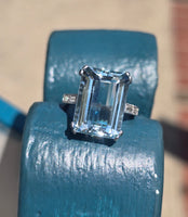 Platinum emerald cut aquamarine and diamond estate cocktail ring