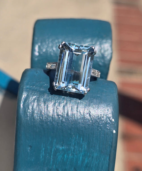 Platinum emerald cut aquamarine and diamond estate cocktail ring