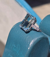 Platinum emerald cut aquamarine and diamond estate cocktail ring