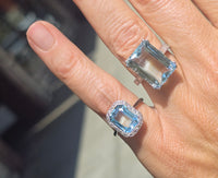 Platinum emerald cut aquamarine and diamond estate cocktail ring
