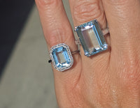 Platinum emerald cut aquamarine and diamond estate cocktail ring