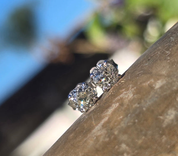14k white gold old European cut diamond studs earrings .88ct tw