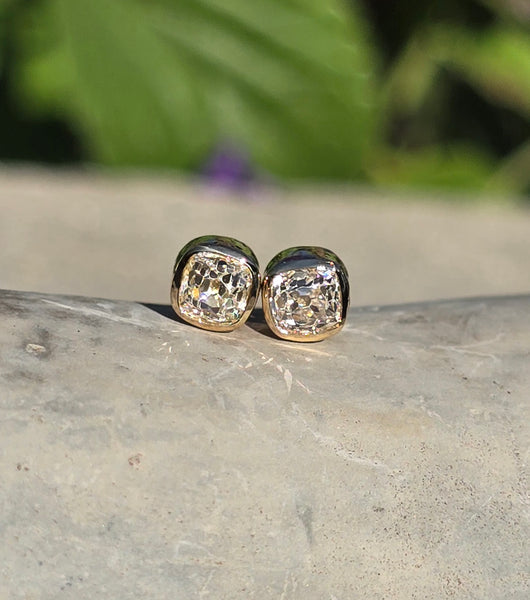 18k gold bezel set old mine cut diamond studs earrings - .72ct tw