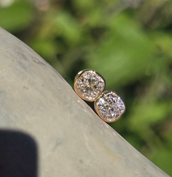 18k gold bezel set old mine cut diamond studs earrings - .87ct tw
