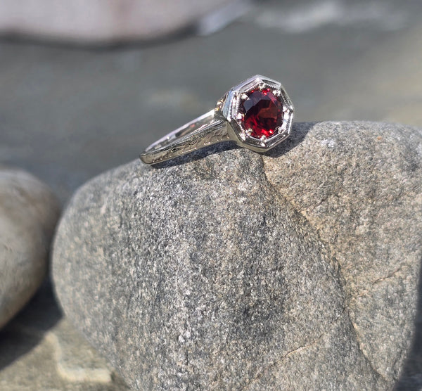 14K white gold garnet solitaire filigree antique ring