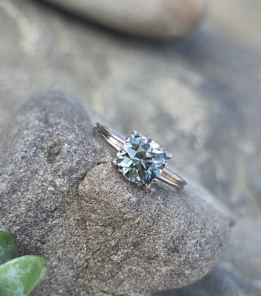 14k white gold natural blue zircon Deco estate ring