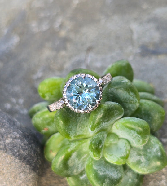 Platinum aquamarine and diamond antique ring