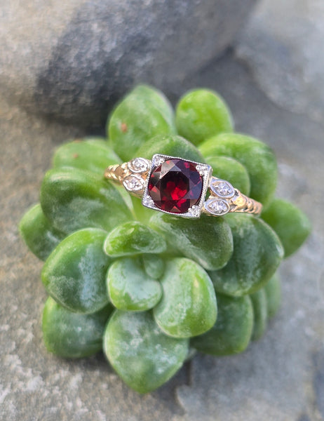 14k gold two-tone Deco garnet and diamond ring HOLD