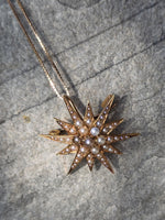 14k gold Victorian seed pearl starburst necklace pendant lavaliere pin