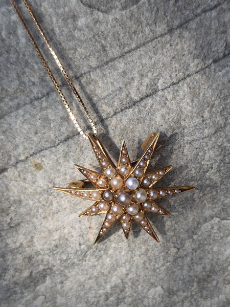 14k gold Victorian seed pearl starburst necklace pendant lavaliere pin