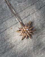 14k gold Victorian seed pearl starburst necklace pendant lavaliere pin