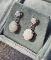 14k white gold Australian opal dangle estate earrings