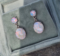 14k white gold Australian opal dangle estate earrings