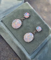 14k white gold Australian opal dangle estate earrings