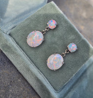 14k white gold Australian opal dangle estate earrings