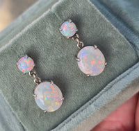 14k white gold Australian opal dangle estate earrings