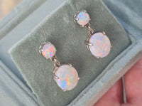 14k white gold Australian opal dangle estate earrings