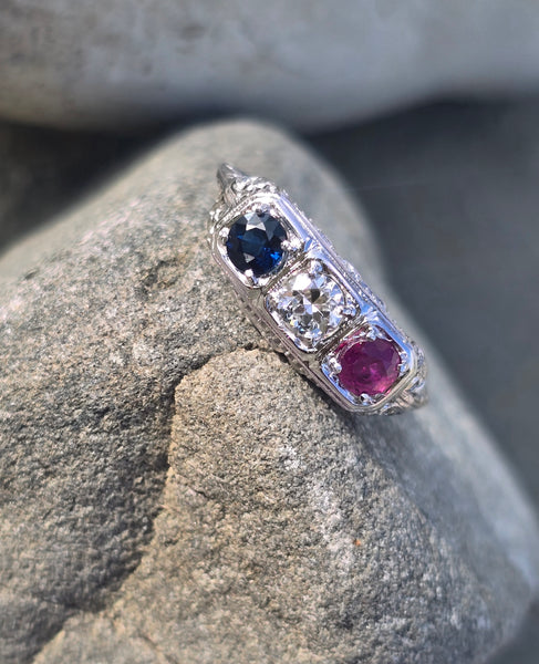 14k gold white gold red ruby, white diamond and blue sapphire filigree antique ring