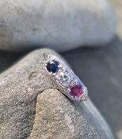 14k gold white gold red ruby, white diamond and blue sapphire filigree antique ring