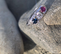 14k gold white gold red ruby, white diamond and blue sapphire filigree antique ring