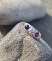 14k gold white gold red ruby, white diamond and blue sapphire filigree antique ring