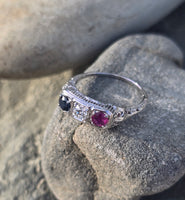 14k gold white gold red ruby, white diamond and blue sapphire filigree antique ring