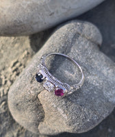 14k gold white gold red ruby, white diamond and blue sapphire filigree antique ring