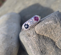 14k gold white gold red ruby, white diamond and blue sapphire filigree antique ring