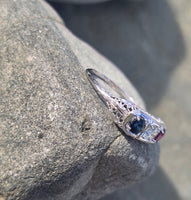 14k gold white gold red ruby, white diamond and blue sapphire filigree antique ring