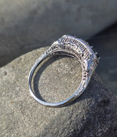 14k gold white gold red ruby, white diamond and blue sapphire filigree antique ring