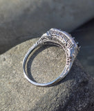 14k gold white gold red ruby, white diamond and blue sapphire filigree antique ring