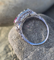 14k gold white gold red ruby, white diamond and blue sapphire filigree antique ring