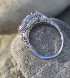 14k gold white gold red ruby, white diamond and blue sapphire filigree antique ring